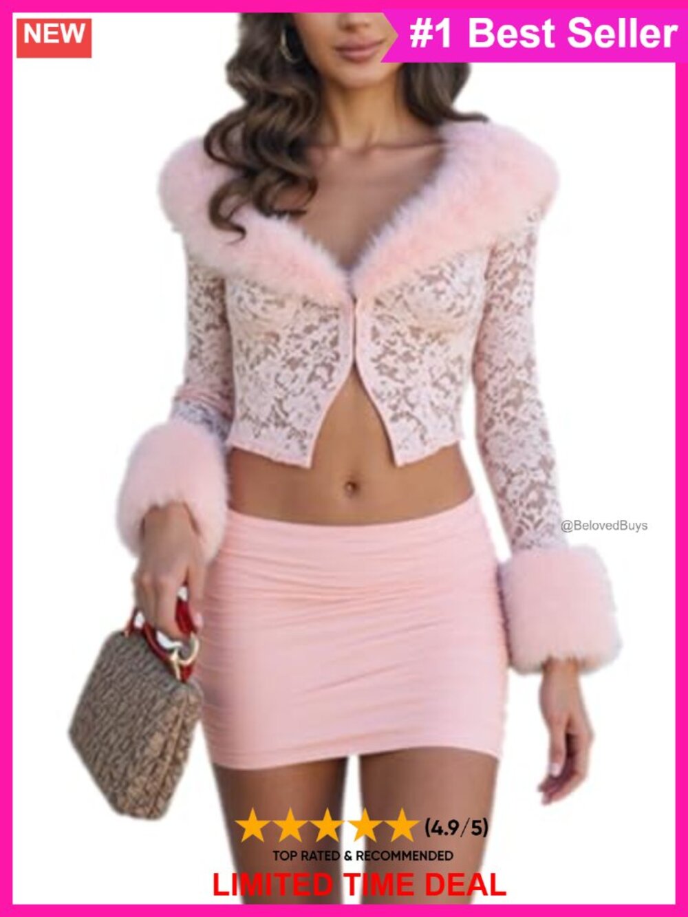 Faux Fur Trim Lace See Through 2 Piece Crop Top Skirt Set Club Date Night